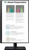 A document titled 'About Corporation' is displayed on a monitor screen, featuring sections on Currency Trade, Finance, Communities, and Operations, along with illustrative graphics. Produktbild-Vorschau