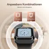 A smartwatch displaying a clock face, with icons and text indicating vibration and ringtone options, set against a blurred background of furniture. Náhled obrázku produktu