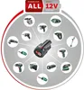 A circular diagram showcasing a 12V battery system with various power tools connected to it. Anteprima dell’immagine prodotto