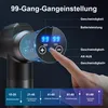 A hand is shown adjusting a massage gun with a digital display. Produktbild-Vorschau