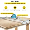 A router sled system is set up on a wooden table, with text overlays highlighting its features. Produktbild-Vorschau