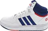 A side view of a white Adidas Hoops Mid 3.0 K sneaker with blue stripes and red accents. Produktbild-Vorschau