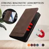 A brown leather flip case for a smartphone is shown, with arrows indicating magnetic adsorption and a horseshoe magnet graphic. Produktbild-Vorschau