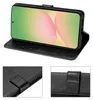 A black flip case for a smartphone is shown open, displaying the phone's screen. The case has embossed floral patterns and a magnetic closure strap. Produktbild-Vorschau