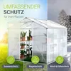 A greenhouse is shown in three different weather conditions: sunny, rainy, and snowy, with icons and text highlighting its protective features. Produktbild-Vorschau