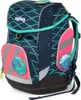 A dark blue backpack with a wave pattern and pink accents. Produktbild-Vorschau