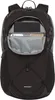 A black backpack is shown with its main compartment open, revealing internal pockets and items like a book and a phone. Produktbild-Vorschau