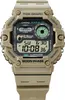 A digital watch with a tan band and a square face displaying time, date, and tide information. Podgląd zdjęcia produktu