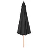 A closed black umbrella with a wooden pole against a white background. Produktbild-Vorschau