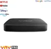 A black streaming box with logos of streaming services and Google certification. Produktbild-Vorschau