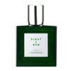 A product shot of a green glass perfume bottle with a silver cap and a white label. Podgląd zdjęcia produktu