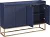 A blue sideboard with gold legs is shown against a white background. The right side doors are open, revealing shelves inside. Anteprima dell’immagine prodotto