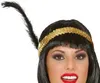 A close-up of a woman wearing a black wig, a gold sequined headband, and a black feather accessory. Produktbild-Vorschau