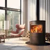 A cozy living room scene with a fireplace, armchair, and large windows. Podgląd zdjęcia produktu