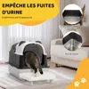 A cat is entering a closed litter box with a step in front of it. The background shows a living room setting with curtains and a sofa. There are also close-up insets highlighting product features. Anteprima dell’immagine prodotto