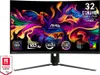 A computer monitor displaying vibrant abstract artwork, with various feature callouts and branding visible. Produktbild-Vorschau