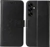 A black flip phone case with a floral and butterfly embossed design is shown open and closed. Produktbild-Vorschau