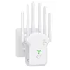 A white Wi-Fi extender with multiple antennas is plugged into a wall outlet. Produktbild-Vorschau