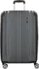 A gray suitcase with black accents and wheels, standing upright on a white background. Produktbild-Vorschau