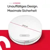 A smoke detector is shown with dimensions and text highlighting its design and safety features. Produktbild-Vorschau