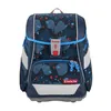 A front view of a blue and gray patterned backpack with red accents. Náhľad obrázku produktu