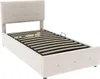 A beige upholstered bed frame with a slatted base, shown from a diagonal angle against a white background. Anteprima dell’immagine prodotto