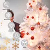 A person stands next to a white artificial Christmas tree decorated with red and silver ornaments and lights. Informational icons and text are overlaid on the left side of the image. Produktbild-Vorschau