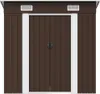 A front view of a brown metal shed with double doors. Podgląd zdjęcia produktu