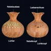 Two views of a wooden-style aroma diffuser with labels pointing to different parts. Produktbild-Vorschau