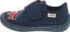 A single blue children's shoe with a red fire truck graphic on the toe. Produktbild-Vorschau
