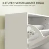 A close-up view of a white shoe cabinet with its doors open, revealing adjustable shelves and numbered indicators. Produktbild-Vorschau
