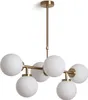 A modern pendant light with a gold metal frame and six white glass globes, suspended from a ceiling mount. Produktbild-Vorschau