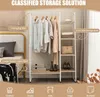 A product image showing a clothing rack with clothing and accessories, with overlaid text highlighting features. Náhľad obrázku produktu