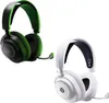 Two gaming headsets, one black and green, the other white, are displayed against a white background. Produktbild-Vorschau