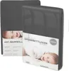 A product image showing a folded grey fitted sheet with a cut-out showing a baby and text labels. Produktbild-Vorschau