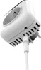 A close-up, low-angle shot of a white electrical adapter plugged into an outlet. Produktbild-Vorschau