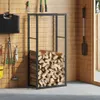 A firewood rack filled with logs, standing against a wooden wall with tools hanging on the wall. Podgląd zdjęcia produktu