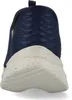 The back view of a blue sneaker with a speckled white sole. Produktbild-Vorschau