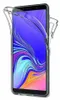 A clear protective phone case is shown on a white background, with a smartphone screen displaying a colorful abstract image. Produktbild-Vorschau