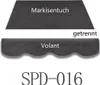 Two samples of awning fabric are shown, one labeled 'Markisentuch' (awning fabric) and the other labeled 'Volant' (valance). The text 'getrennt' (separate) indicates they are distinct parts. A product code 'SPD-016' is displayed below. Produktbild-Vorschau