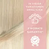A close-up image of blonde hair extensions with marketing text and icons overlaid on a pink background. Produktbild-Vorschau