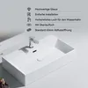 A white ceramic sink with a chrome faucet, shown from a diagonal angle with feature callouts on the left. Produktbild-Vorschau