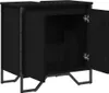 A black washbasin cabinet with its doors open, showing the interior space. The cabinet is supported by a metal frame. Produktbild-Vorschau