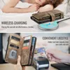 A collage showing a phone case being wirelessly charged and another phone case with cards being used for payment. Produktbild-Vorschau