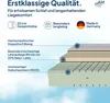 A cross-section diagram of a mattress showing its different layers, along with text highlighting its features and quality. The background is a soft blue gradient suggesting sky. Produktbild-Vorschau