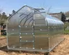 A greenhouse with a metal frame and clear polycarbonate panels is set up outdoors on a dirt ground. The greenhouse has an open door and a partially open roof vent. Anteprima dell’immagine prodotto