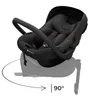 A black baby car seat is shown on a rotating base, with a graphic indicating a 90-degree rotation. Produktbild-Vorschau