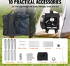 A person is holding a large black bag next to a camping stove and various accessories laid out on the grass. Anteprima dell’immagine prodotto