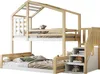 A bunk bed with a house-like frame, a window, and stairs with storage. Produktbild-Vorschau