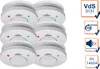 A set of six smoke detectors arranged in two columns and three rows, with accompanying marketing icons on the right. Produktbild-Vorschau
